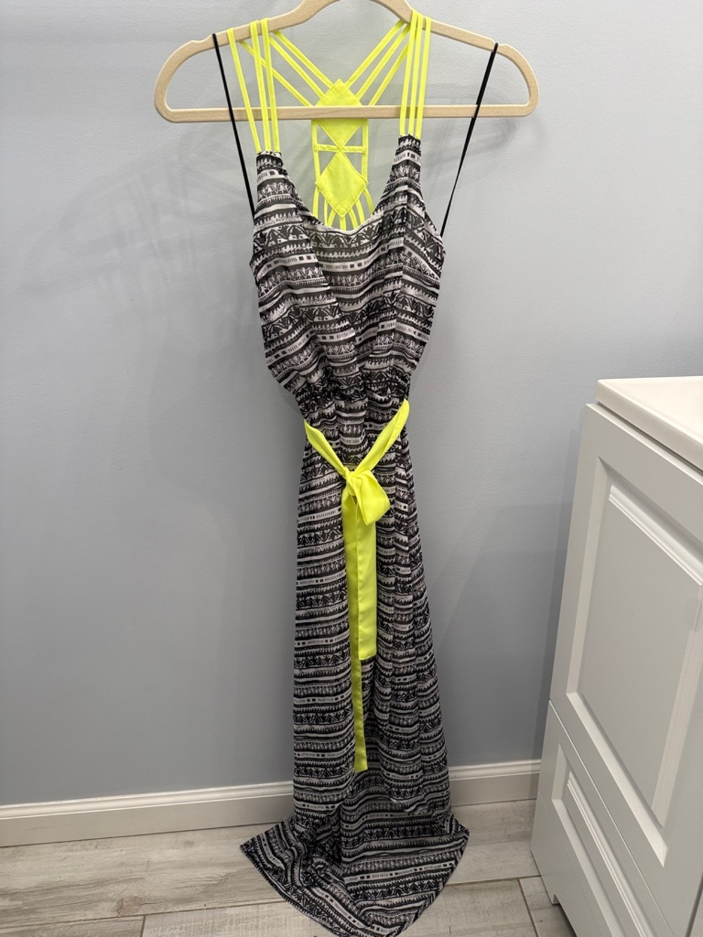 Vera Wang Neon Yellow Strappy Black & White Patterned Maxi Dress